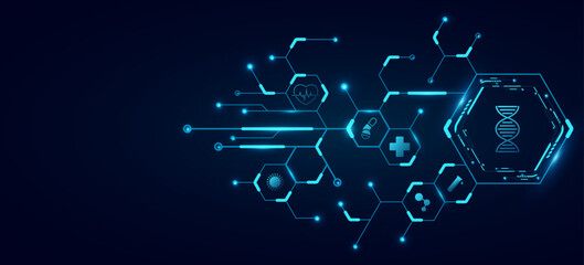 Medical technology background. Blue glowing connected hexagons with health care icons. Digital health insurance concept and access to welfare. Vector illustration. EPS 10