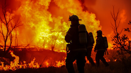 Obraz premium Firefighters battling a raging wildfire, silhouetted against a backdrop of intense flames and smoke, a powerful depiction of courage and the fight against nature's fury.