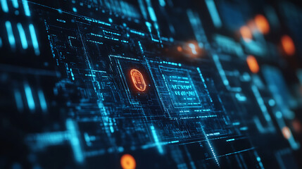 A high tech AI controlled cybersecurity system identifying and mitigating potential threats in real time within a secure network, Cybersecurity technology style, photo of