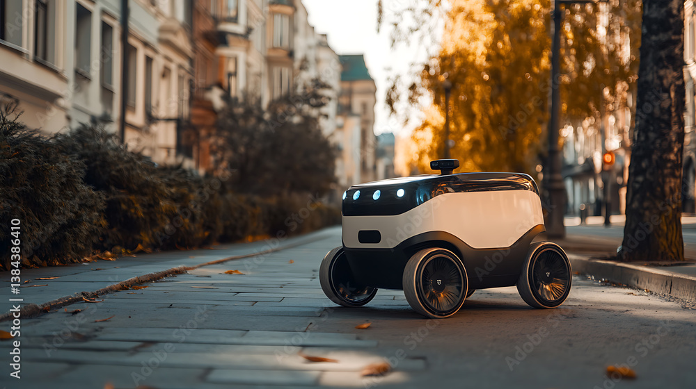 Poster a high tech ai controlled delivery robot transporting groceries autonomously across an urban neighbo