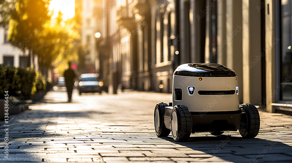 Poster a high tech ai controlled delivery robot transporting groceries autonomously across an urban neighbo