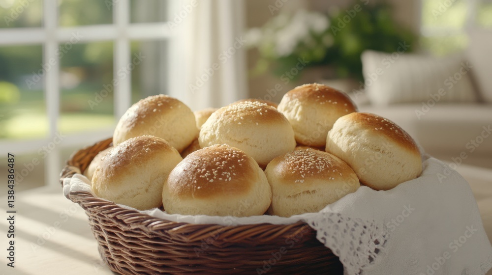 Poster freshly baked soft bread rolls in a basket on a sunlit table setting