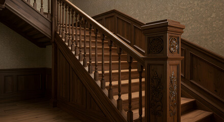 Grand Victorian Staircase with Carved Newel Posts and Polished Wooden Banister