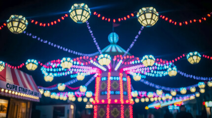 Obraz premium A vibrant, illuminated fairground carousel, adorned with dazzling lights, offering a festive nighttime spectacle.