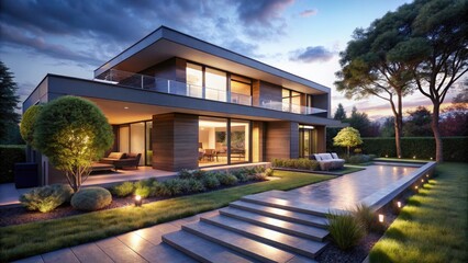 Fototapeta premium Stunning Low Light Photography of a Modern House at Dusk with Warm Glows, Architectural Details, and Serene Surroundings for Interior Design Inspiration and Real Estate Marketing