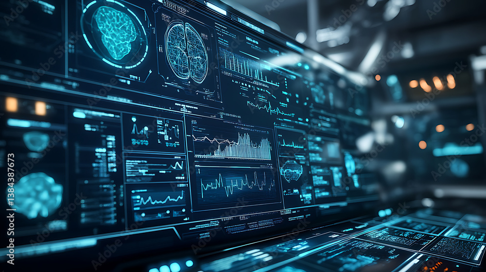 Poster a high tech ai controlled predictive healthcare center with real time genetic diagnostics and person