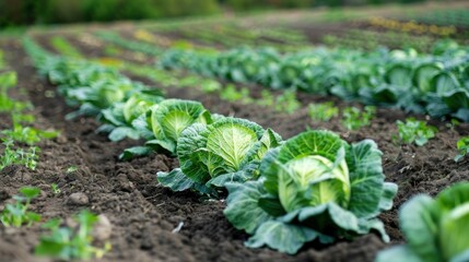 Obraz premium Rows of cabbage growing in a simple farm setting stock photo --ar 16:9 --style raw --v 6 Job ID: d4a9d641-99ea-4449-b729-9112cc0a56c5