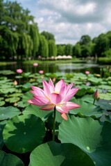 there is a pink flower that is growing in the middle of a pond