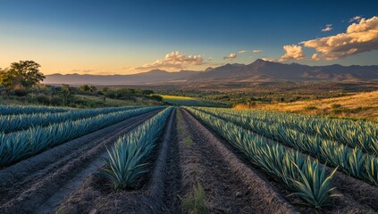 Agave Farm at Sunset.  Rows of agave plants stretch into the distance,  under a vibrant sunset sky,  with mountains in the background.  The terrain is a mix of dry land and cultivated rows