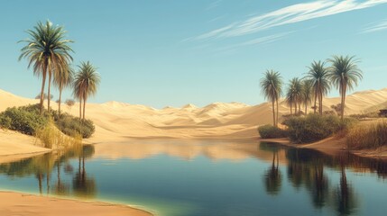 Serene Desert Oasis: Reflecting Palm Trees and Tranquil Water Landscape