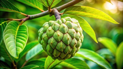 Obraz premium Tilt-Shift Photography of Annona Cherimoya Fruit with Lush Green Leaves - Close-Up Botanical Beauty, Tropical Delight, and Unique Texture for Nature Lovers and Food Enthusiasts