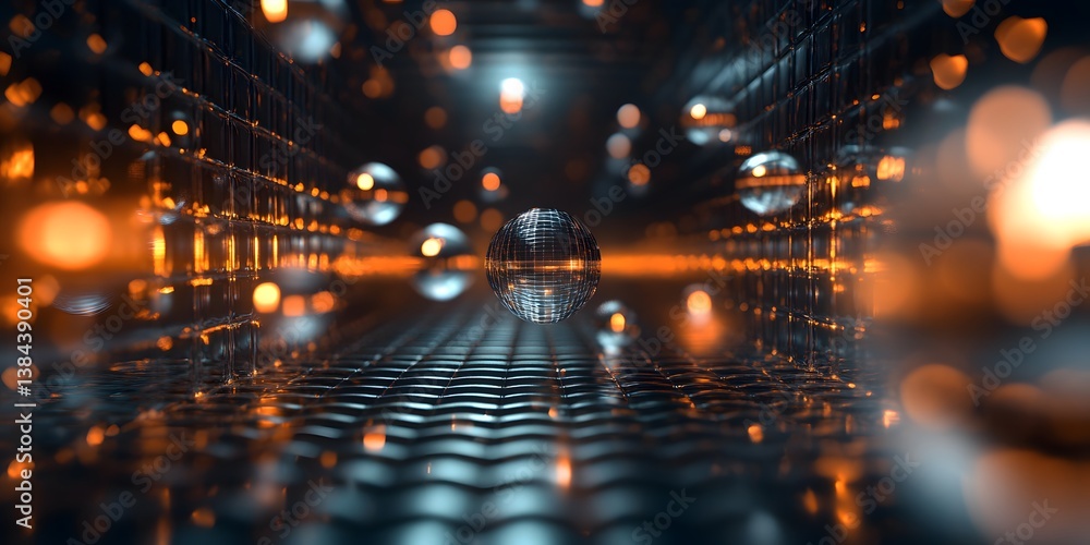 Poster Abstract 3D Tunnel with Shiny Orbs and Reflections in Dark Colors