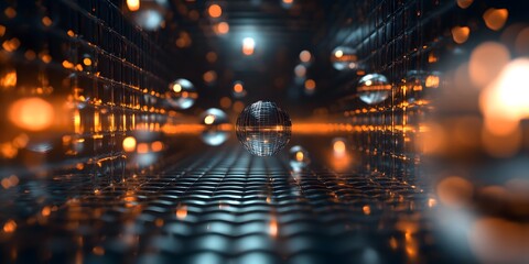 Abstract 3D Tunnel with Shiny Orbs and Reflections in Dark Colors