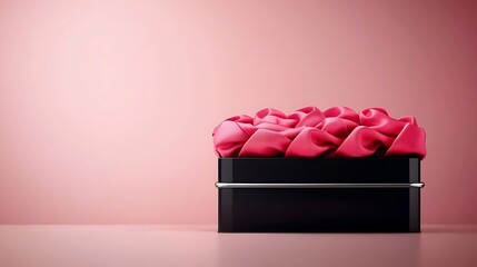 Pink ruffled fabric spills from a shiny black box with silver trim, all set on a shiny surface