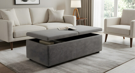 Modern Living Room Featuring Versatile Storage Ottoman And Stylish Furnishings