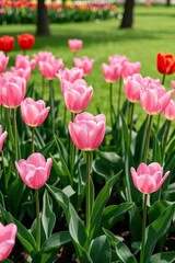 there are many pink tulips in a field of green grass