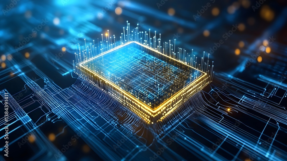 Poster futuristic microchip with neon lights in digital environment