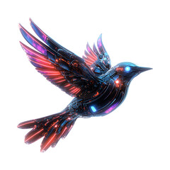 A Glowing Robotic Bird with Neon Feathers and a Sleek Design Isolated on Transparent Background