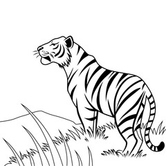 A tiger line art illustration standing majestically in the wild. Bold black lines define its body and distinctive patterns. Perfect for vector designs, t-shirt prints, logos, and decorations.
