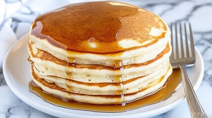 Stack of pancakes with syrup on plate