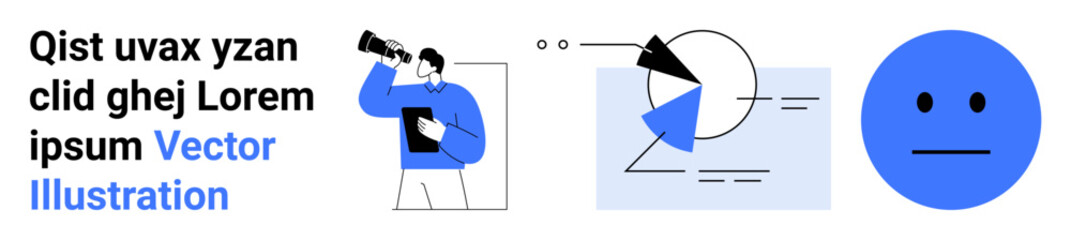 Person exploring data with a telescope, circular chart with annotations, and neutral emoticon face. Ideal for analytics, research, emotions, innovation, decision-making, strategy simple landing page