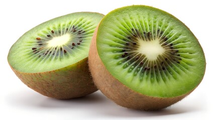 Fototapeta premium One kiwi fruit cut in halves isolated on white background 