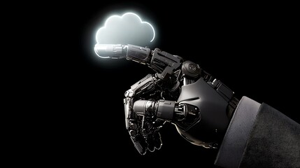Robotic hand pointing to cloud icon, signifying technology & data