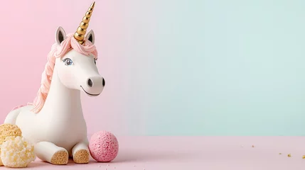 Whimsical White Unicorn Figurine on Pastel Background