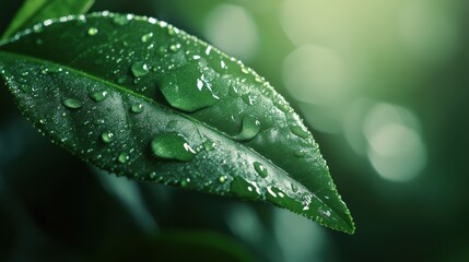 Close-up of a fresh green tea leaf with dewdrops under natural light in a blurred tea plantation background