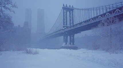 Winter wonderland: Manhattan Bridge veiled in snowfall under moody skies