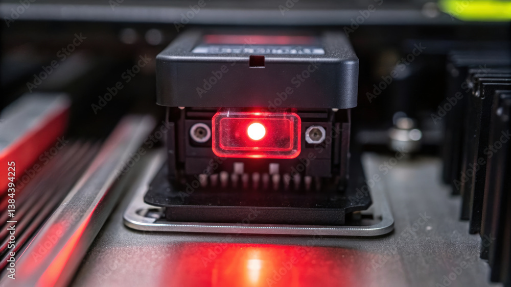 Poster close up view of device featuring red light, showcasing its intricate design and technology. this em