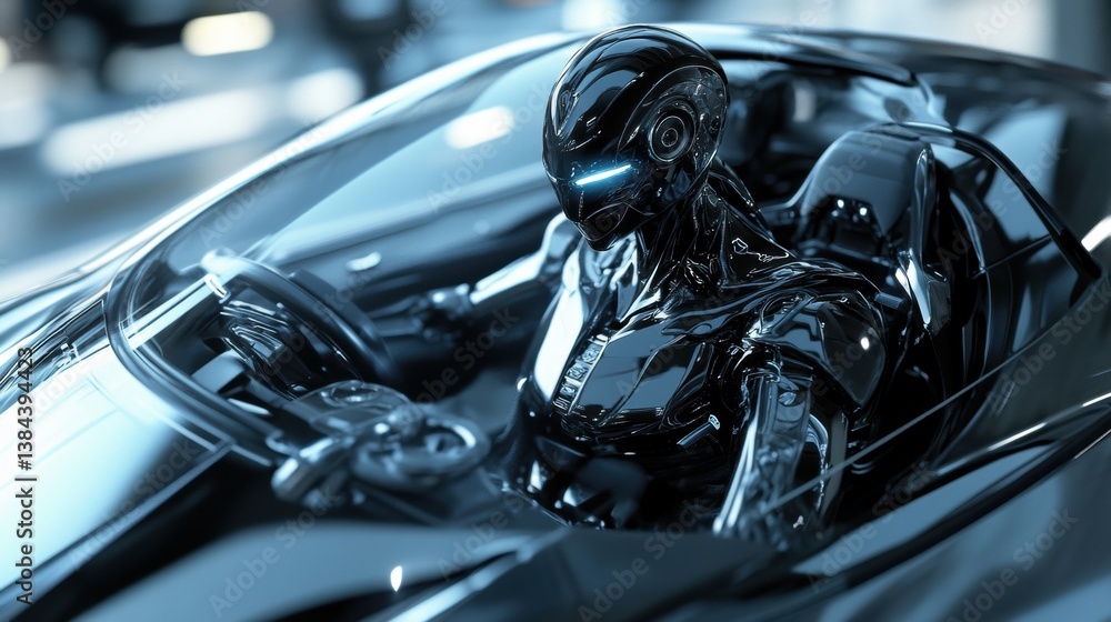 Aufkleber highly detailed 3d-rendered robot driving a futuristic car with complex reflections on the windshiel