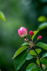 there is a pink flower on a branch with green leaves