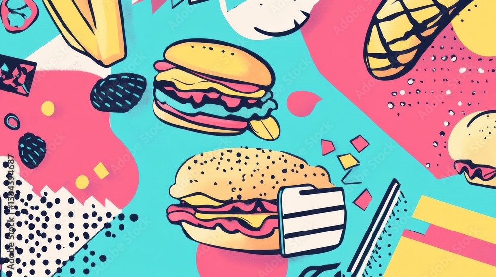 Fototapete Memphis style pop-art design with colorful abstract food shapes and bold geometric elements in a vibrant setting