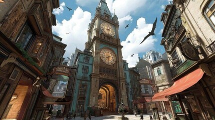Victorian-era clock tower in a city street scene.