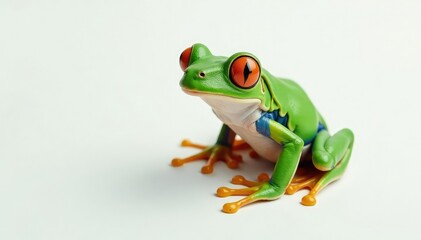 Naklejka premium Green tree frog perched on white, vibrant skin , tree frog, eyes, macro
