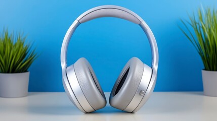 Stylish Wireless Headphones with Modern Design on Blue Background