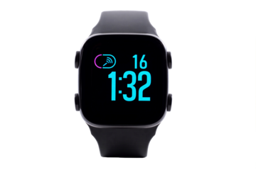Modern black smartwatch with illuminated blue digital display on transparent background, showing time 1:32, wearable fitness technology with sleek minimalist design