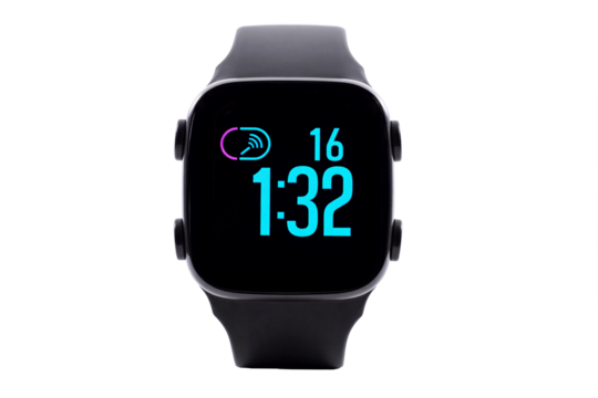 Modern black smartwatch with illuminated blue digital display on transparent background, showing time 1:32, wearable fitness technology with sleek minimalist design