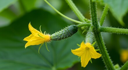 yellow flower, vine tendrils, garden vegetable, organic growth, Young cucumber growing on a vine in a commercial greenhouse, cucumber plant, green leaves, young cucumber, 