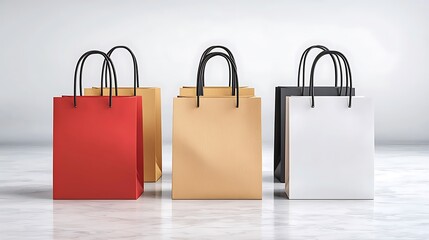 Several shopping bags in red, tan, black and white stand on a marble surface with black handles