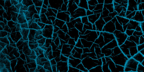 A blue and black vintage of a cracked wall, cracked blue paint on a black background, Vector crack concrete texture black and blue grunge texture. There are many cracks in the ground. 