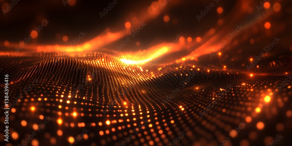 Poster abstract digital background with glowing orange particles and waves