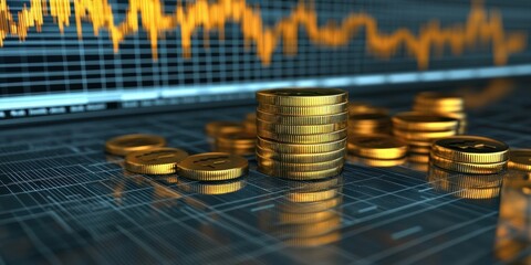 Golden Coins Reflecting Against the Backdrop of Market Data