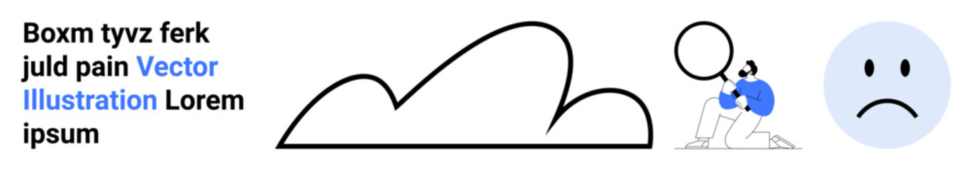 Blue-clad person examining sad face with magnifying glass beside abstract cloud shape. Ideal for emotional awareness, mental health, cloud computing, data inspection, problem-solving