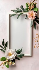 White Frame with Peach and White Flowers on Pink Background