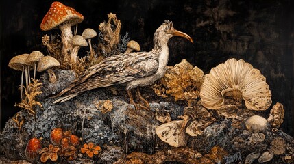 Obraz premium Surreal Bird and Mushrooms: A Dark Fantasy Painting