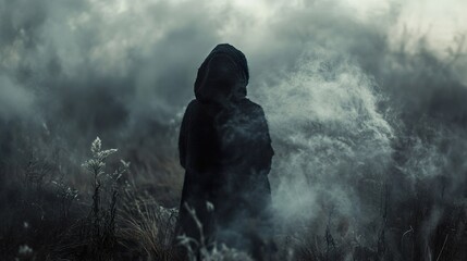 Mysterious Figure in Fog: A Dark and Moody Landscape