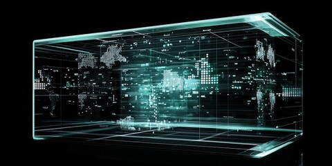 An abstract futuristic world map displayed within a transparent cube