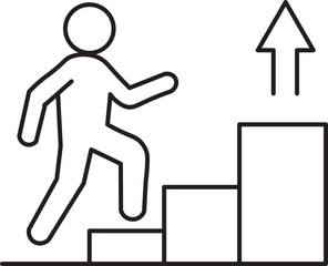 stick figure is shown climbing staircase with arrow pointing upward, symbolizing progress and growth. simple line art conveys sense of motivation and ambition
